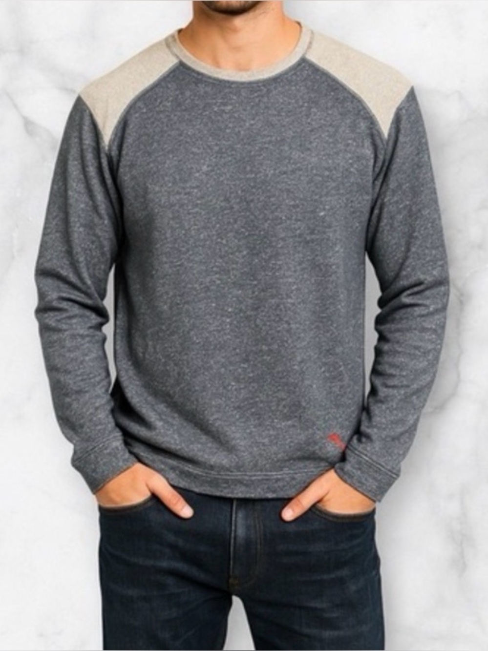 Tommy Bahama Navy Heather Crewneck with Light Gray Shoulder Accents